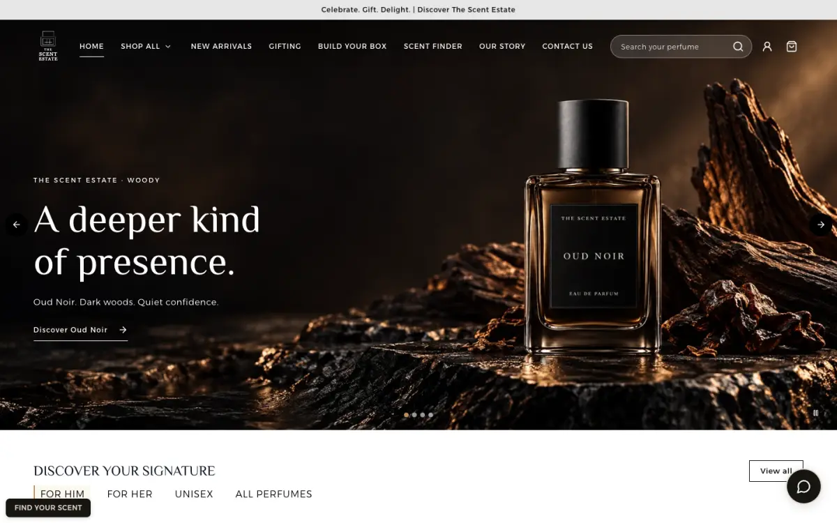 The Scent Estate e-commerce website homepage